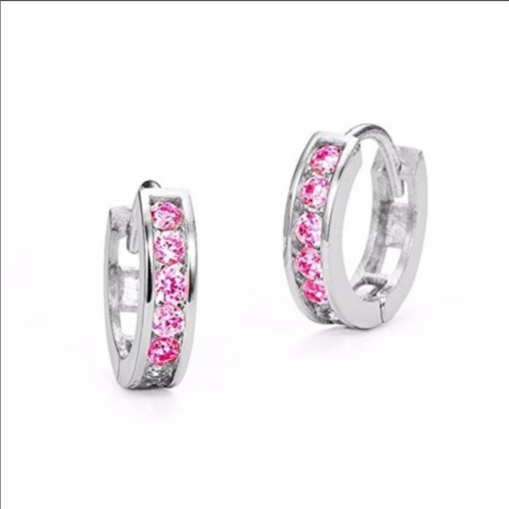Sterling Silver Huggie Girls Pink CZ Earrings